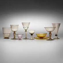 Collection of tableware by Mvm Cappellin, c. 1925, soffiato glass, sold Jul 2023