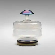 Soffiato lidded vessel by Compagnia Venezia e Murano, c. 1930, soffiato glass with applied iridized finial and foot, sold Jul 2023