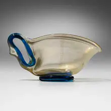 Bowl with integral handle by Ercole Barovier, 1951, glass with gold leaf and applied details, sold Jul 2023