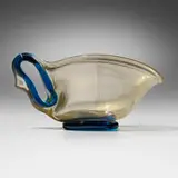 Bowl with integral handle by Ercole Barovier, 1951, glass with gold leaf and applied details, sold Jul 2023