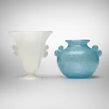 Pulegoso vases, pair by A.V.E.M., c. 1934, pulegoso glass with applications, sold Jul 2023