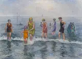 Les Vacanciers du Manoir d'Arromaches à L'heuere du Bain by Hughes Claude Pissarro, pastel on card, sold Oct 2014