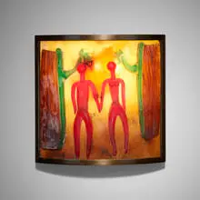 Sconce by Napoleone Martinuzzi, c. 1955, scavo glass, brass, enameled steel, sold Jul 2023