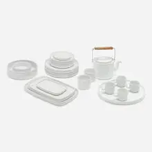 Bauhaus White tableware by Isamu Kenmochi, c. 1980, glazed stoneware, sold Jun 2023
