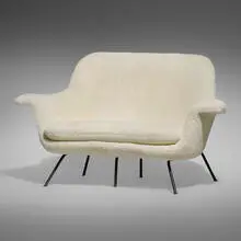 Rare Sitwell settee by Hans Bellmann, c. 1955, sheepskin, enameled steel, sold Jun 2023