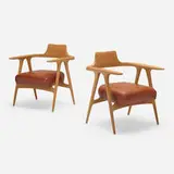 Paddle armchairs, pair by Michael Boyd, 2013, teak, leather, sold Jun 2023