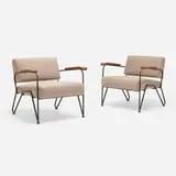 Sidebar armchairs, pair by Michael Boyd, c. 2013, enameled steel, upholstery, walnut, sold Jun 2023