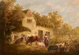 Figures, cattle and pigs in front of a farmhouse by George Morland, oil on canvas, offered Sep 2014
