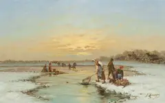 Collecting the day's catch by F. Munsterfeld, oil on canvas, sold Sep 2014