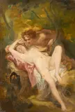 A nymph and a satyr in the woods by Nicolas François Octave Tassaert, oil on paper laid down on canvas, offered Sep 2014