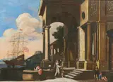 A capriccio scene with a boat in the harbor and figures in the foreground by Italian School, oil on panel, offered Sep 2014