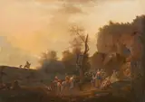 A landscape with travelers on a track and washerwomen by a river by French School, oil on canvas laid down on board, sold Sep 2014