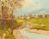 A mountainous landscape with geese in a stream and a village beyond by László Neogrády, oil on canvas, offered Sep 2014