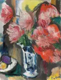 Stillleben mit rotem Tulpenstrauß by Paul Mathias Padua, Öl auf Leinwand, sold Jan 2022