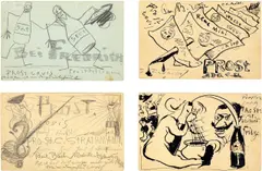 7 humoristische Postkarten an Dr. Ado von Wilke by Lovis Corinth, 1901, 5 Zeichnungen mit Bleistift und 2 Zeichnungen mit Feder in Schwarz, jeweils auf leichtem Karton, sold Nov 2013