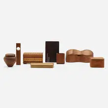 Collection of tabletop accessories by California Craft, c. 1970, teak, Douglas fir, walnut, blackwood, boxwood, elm burl, aluminum, glass, sold Jun 2023