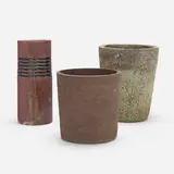 Collection of three planters by Modern, c. 1960, stoneware, volcanic glazed stoneware, glazed stoneware, sold Jun 2023