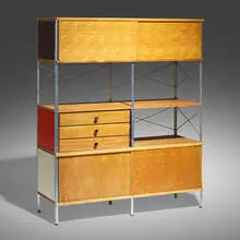 ESU 400-C by Charles and Ray Eames, 1950, birch plywood, brushed chrome-plated steel, birch, lacquered masonite, lacquered plywood, chrome-plated steel, enameled , sold Jun 2023