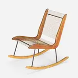 Rocking chair by attribution Jacques Guillon, c. 1953, walnut, birch, enameled steel, nylon cord, sold Jun 2023