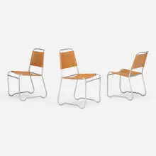 Aluma-Stack stacking chairs, set of three by Jack Heaney, c. 1947, magnesium, leather, sold Jun 2023