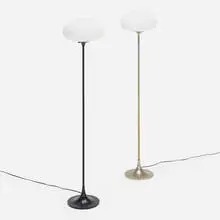 Mushroom floor lamps model 257, set of two by Laurel Lamp Co., c. 1960, nickel-plated brass, enameled brass, nickel-plated steel, enameled steel, milk glass, sold Jun 2023