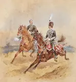 Two mounted cavalrymen at a gallop by Orlando Norie, watercolour, sold Jan 2015