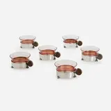 Teacups, set of six by Berliner Elektroplated-Warenfabrik (Bepwf), c. 1930, silver-plated brass, composite, glass, sold Jun 2023
