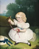 Young girl with a goldfinch by English Naïve School, oil on canvas, sold Jan 2015
