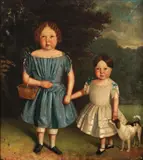 Portrait of two girls and a dog before a landscape by English Naïve School, oil on canvas, sold Jan 2015