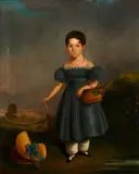 A girl in a blue dress in a landscape by English School, oil on canvas, offered Jan 2015