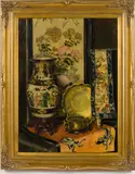 Still Life with Vase and Embroideries by L. Hardy, 1928, Oil on Canvas, sold Feb 2026