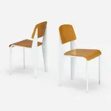 Standard chairs, pair by Jean Prouvé, enameled steel, ash plywood, aluminum, sold Jun 2023