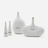 Collection of four cruets by LaGardo Tackett and Kenji Fujita, c. 1960, transfer-printed glazed porcelain, cork, sold Jun 2023