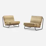 Lido Sun chairs, pair by Brown Jordan, c. 1957, enameled aluminum, vinyl strapping, upholstery, sold Jun 2023