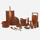 Tabletop accessories by Modern, c. 1960, teak, rosewood, walnut, maple, purpleheart, sterling silver, stainless steel, aluminum, brass, leather, sold Jun 2023