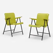 Samsonite folding chairs, pair by Russel Wright, 1950, enameled steel, rubber, sold Jun 2023