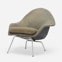 Armchair by Modern, c. 1950, lacquered fiberglass, chrome-plated steel, upholstery, sold Jun 2023