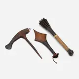 Collection of three weapons by Oceanic, carved and stained wood, jute, rattan, woven sea-grass, bone inlay, sold Jun 2023