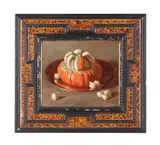 Turban Squash and Pearl Onion by Joe Anna Arnett, oil on board, sold Jan 2024