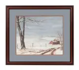 Snowy Landscape by Wilmot Phillips, 1975, gouache and mixed media on paper illustrating bare trees and a barn during a snowstorm, sold Jan 2024