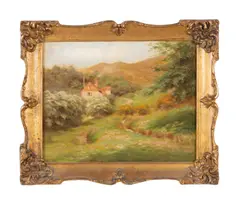 Untitled' landscape with cottage by Albert Starling, oil on board, sold Jan 2024