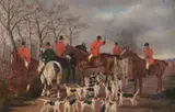 'Meet of the Quorn Hunt - Portraits of Marquis of Hartington - Earl of Derby - Mr Lowther, Huntsman & Whips' by James Noble & Quorn hunt, oil on canvas, offered Nov 2014