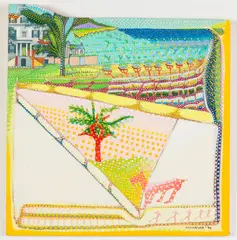 Landscape with a house and a dog by Larry Connatser, 1990, Acrylic on Board, sold Jun 2026