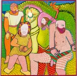 Figural Group with Lightbulb by Larry Connatser, Oil on Wood Panel, sold Jun 2026