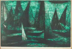 Ships #1 by Freda Spaulding, 1952, Etching and Aquatint, sold Jun 2026