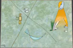 Man with Crab and Bird by Lê Thiết Cương, 1997, Gouache on Fabric, sold Jun 2026
