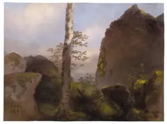 Baum zwischen Felsen by Jakob Hoffmann, Um 1852, Öl auf Papier, sold May 2013