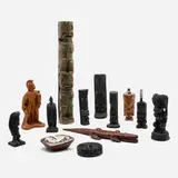 Souvenir collection by Polynesian, c. 1950, cast lava resin, carved painted wood, cast resin, carved mahogany, carved wood, glazed earthenware, chrome-plated steel,, sold Jun 2023