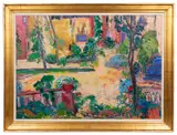untitled tropical garden landscape by Beatriz A. Candioti, 1990, acrylic on canvas, sold Jan 2024