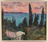 Untitled by Alexei Sokolov, OIL ON CANVAS LANDSCAPE WITH COTTAGE OVERLOOKING THE OCEAN; 25"H X 29"W, sold Feb 2020